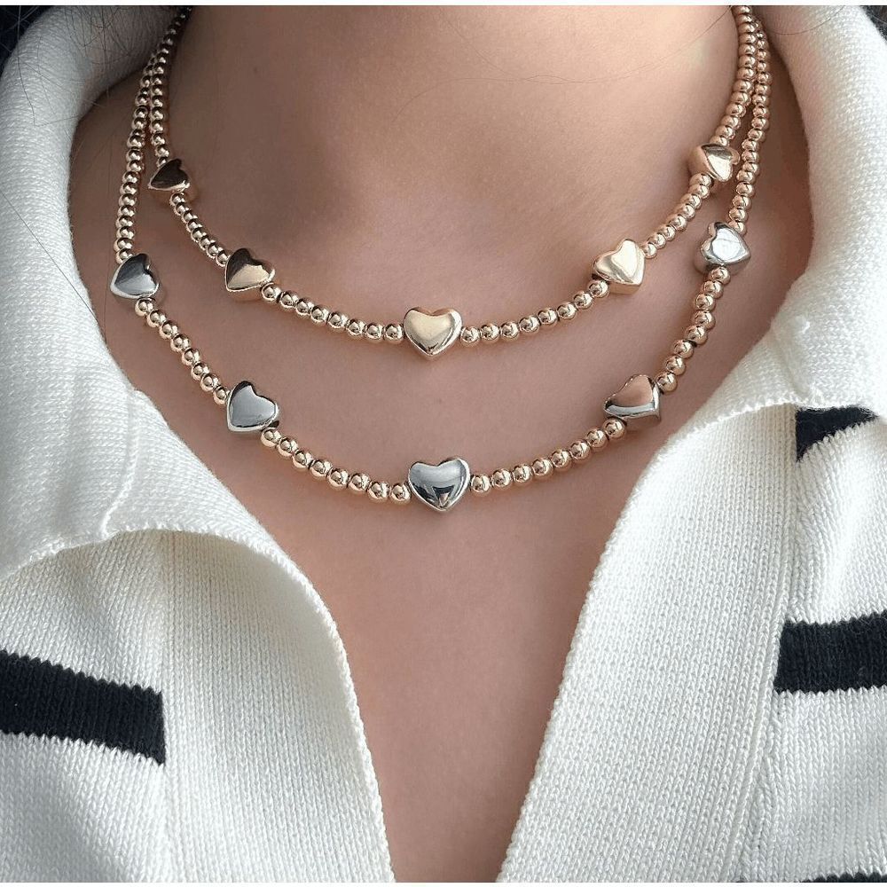 Gold Beaded Puffed Heart Saturn Necklace Choker